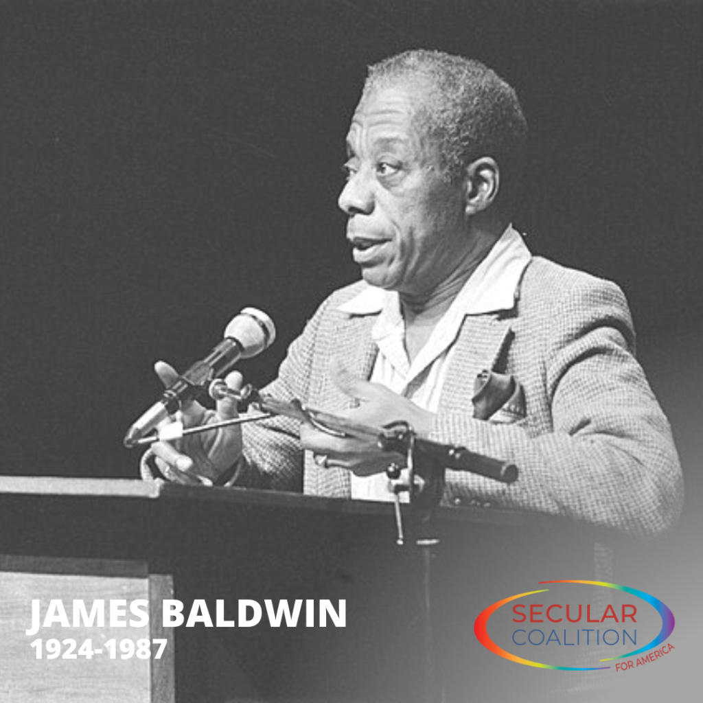 Black and white photo of James Baldwin with his name and "1924-1987" in the bottom left corner, and the SCA Pride rainbow logo in the bottom right corner.
