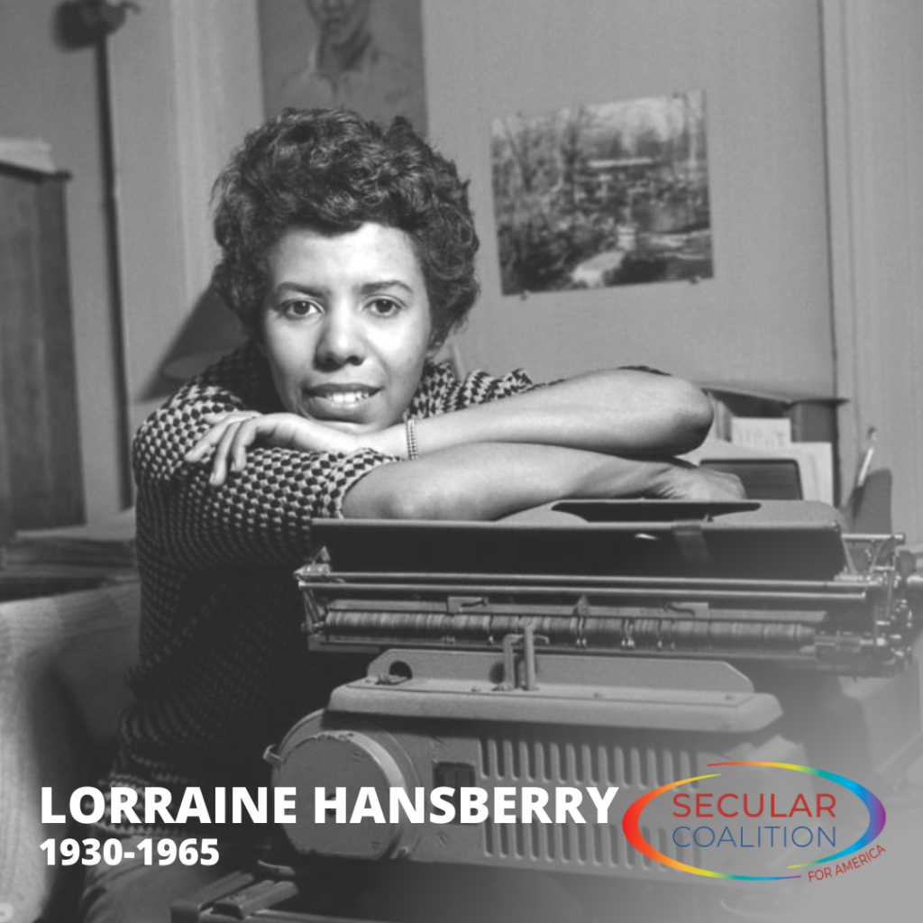Black and white photo of Lorraine Hansberry with her name and "1930-1965" in the bottom left corner, and the SCA Pride rainbow logo in the bottom right corner.